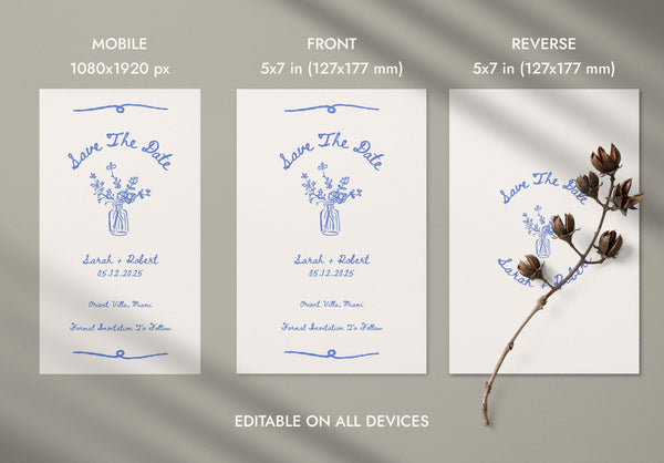 BeyzaLab Blue Vintage Save The Date Cards Template