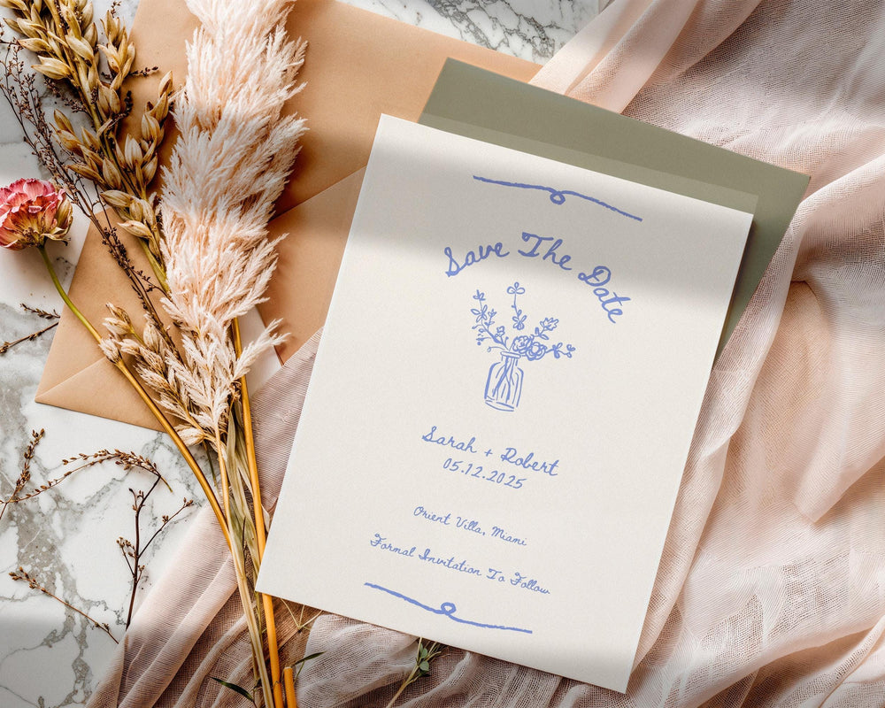 BeyzaLab Blue Vintage Save The Date Cards Template