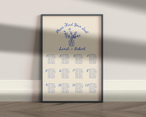 BeyzaLab Blue Vintage Wedding Seating Chart Sign