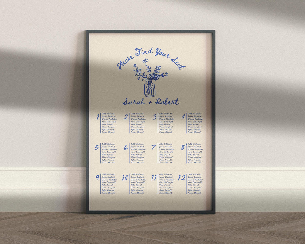 BeyzaLab Blue Vintage Wedding Seating Chart Sign
