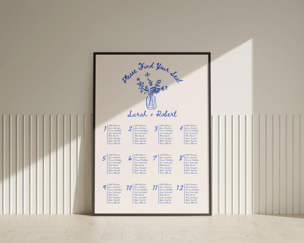 BeyzaLab Blue Vintage Wedding Seating Chart Sign