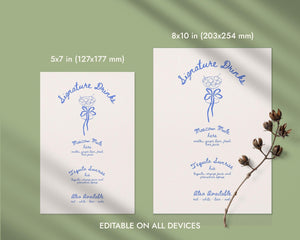 BeyzaLab Blue Vintage Wedding Signature Drinks Sign Template