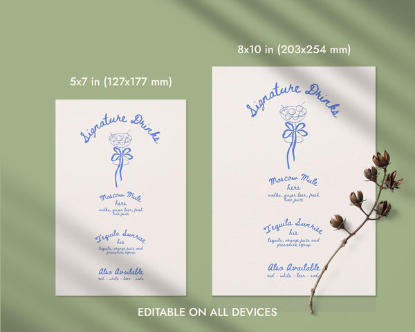 BeyzaLab Blue Vintage Wedding Signature Drinks Sign Template
