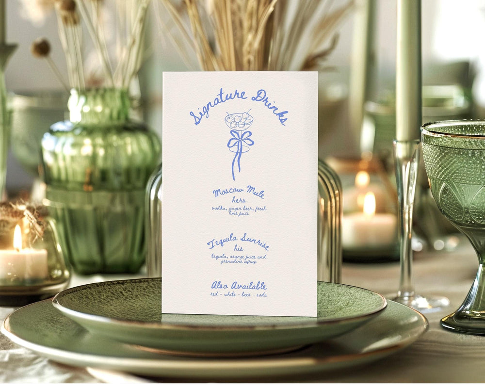 BeyzaLab Blue Vintage Wedding Signature Drinks Sign Template