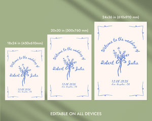 BeyzaLab Blue Vintage Wedding Welcome Sign Template
