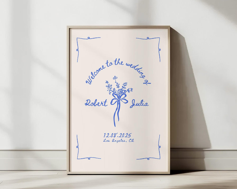 BeyzaLab Blue Vintage Wedding Welcome Sign Template