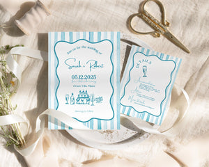 BeyzaLab Blue Wavy Striped Wedding Invitation Suite
