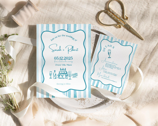 BeyzaLab Blue Wavy Striped Wedding Invitation Suite