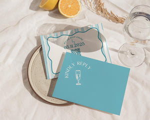 BeyzaLab Blue Wavy Striped Wedding Invitation Suite