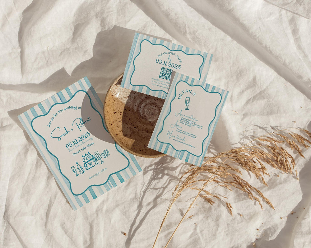 BeyzaLab Blue Wavy Striped Wedding Invitation Suite