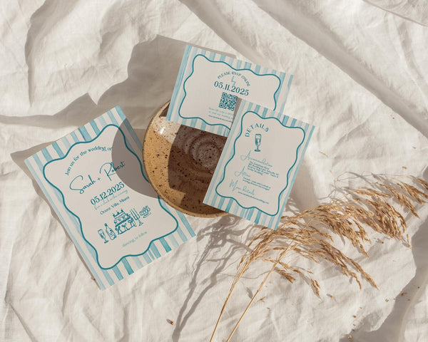 BeyzaLab Blue Wavy Striped Wedding Invitation Suite