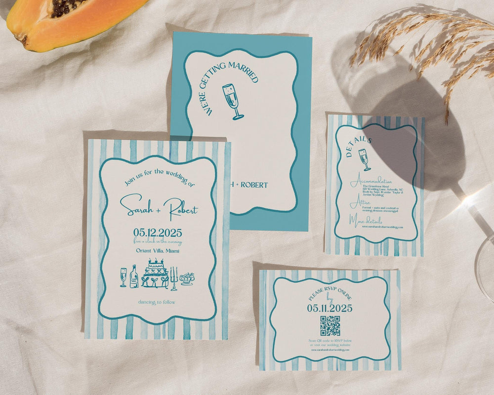 BeyzaLab Blue Wavy Striped Wedding Invitation Suite