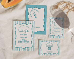 BeyzaLab Blue Wavy Striped Wedding Invitation Suite