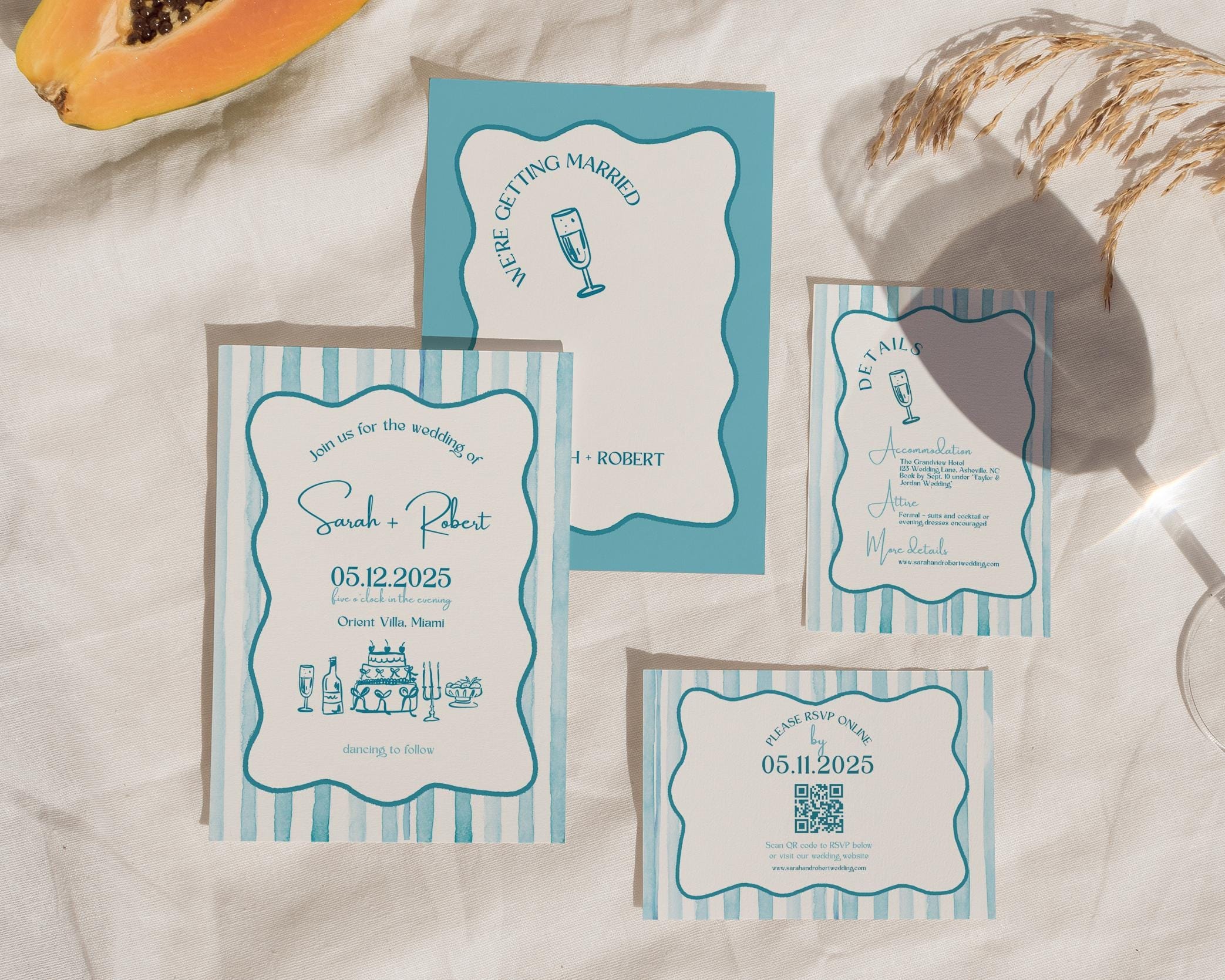 BeyzaLab Blue Wavy Striped Wedding Invitation Suite