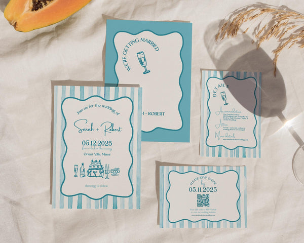 BeyzaLab Blue Wavy Striped Wedding Invitation Suite