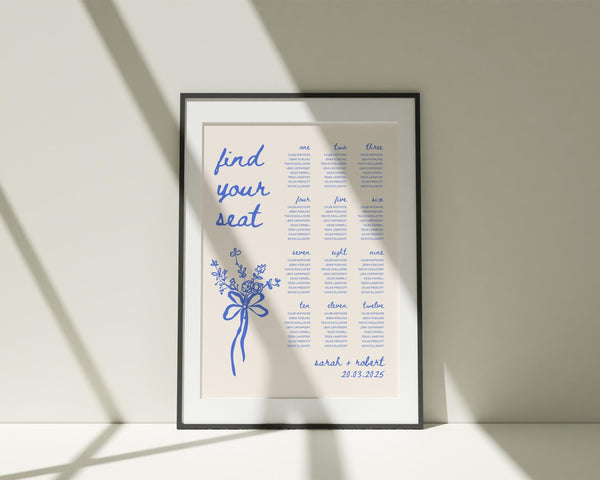 BeyzaLab Blue Whimsical Wedding Seating Chart Sign