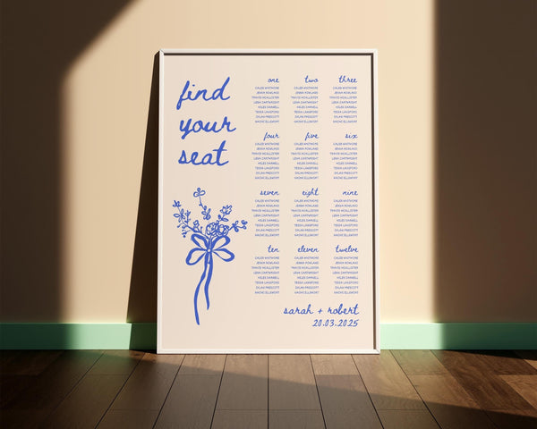 BeyzaLab Blue Whimsical Wedding Seating Chart Sign