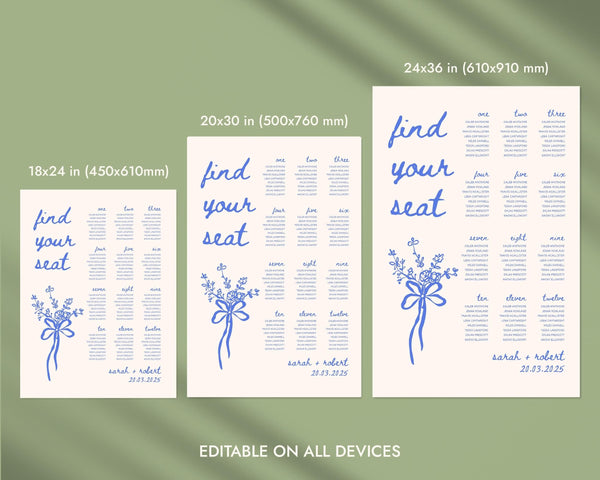 BeyzaLab Blue Whimsical Wedding Seating Chart Sign