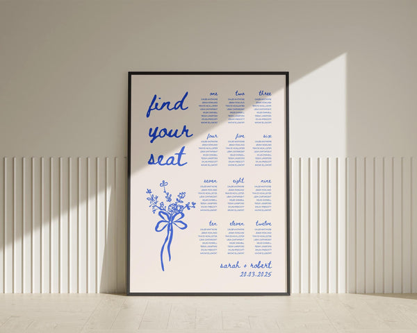 BeyzaLab Blue Whimsical Wedding Seating Chart Sign