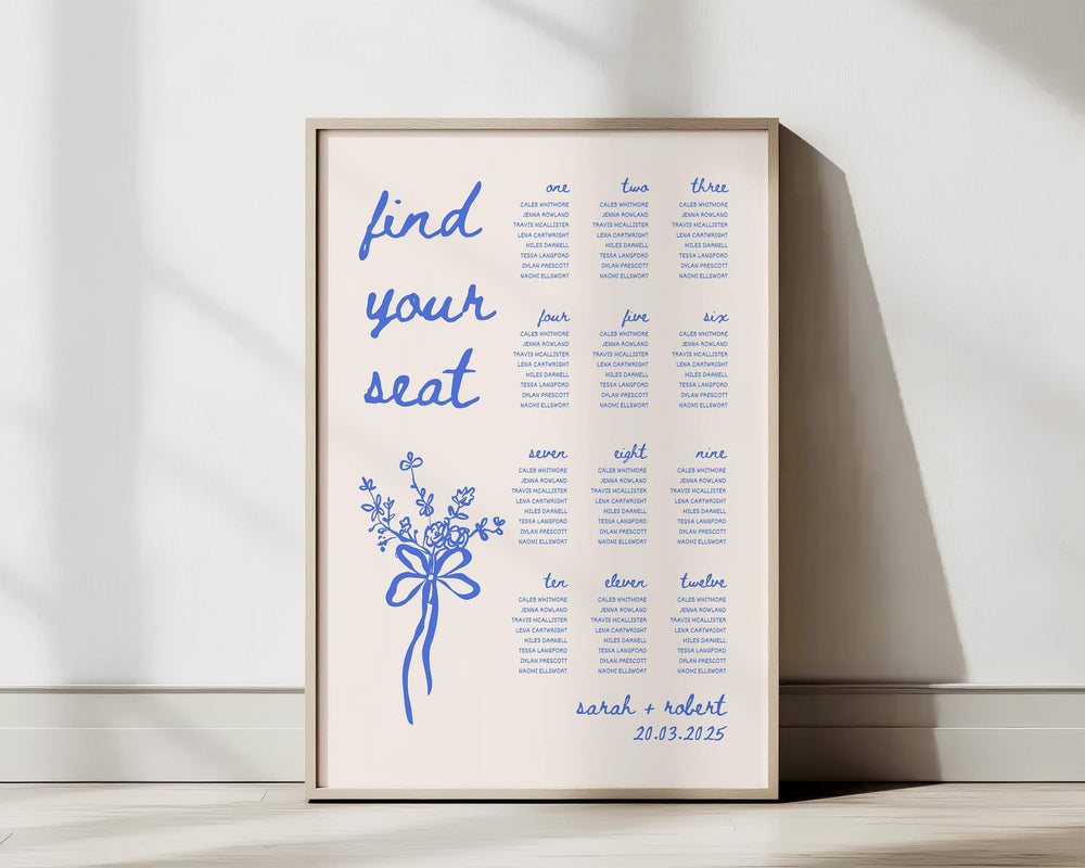 BeyzaLab Blue Whimsical Wedding Seating Chart Sign