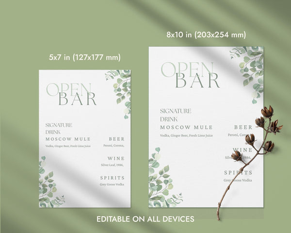 BeyzaLab Eucalyptus Wedding Bar Menu Sign