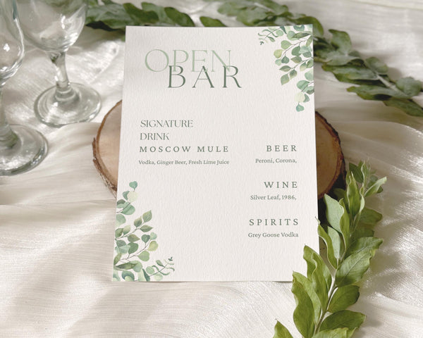 BeyzaLab Eucalyptus Wedding Bar Menu Sign