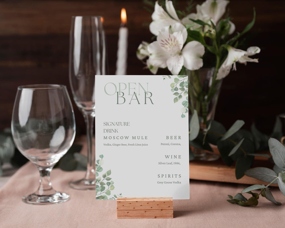 BeyzaLab Eucalyptus Wedding Bar Menu Sign