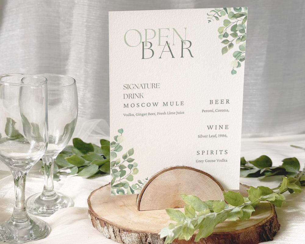 BeyzaLab Eucalyptus Wedding Bar Menu Sign