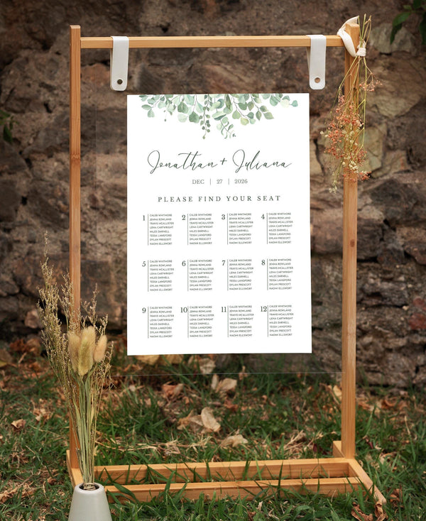 BeyzaLab Eucalyptus Wedding Seating Chart Sign