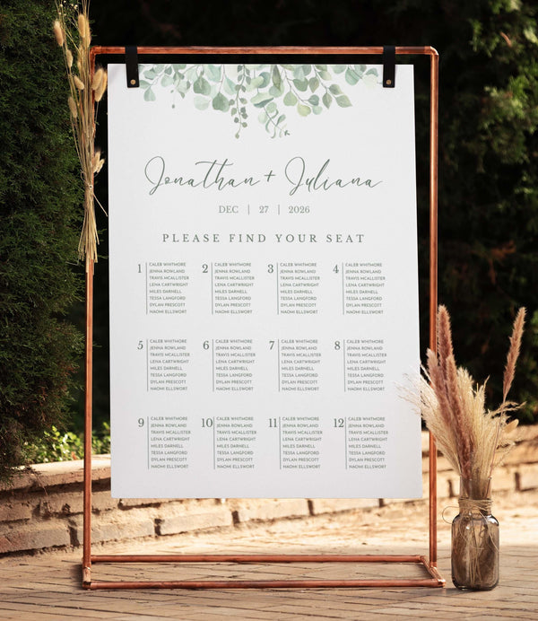 BeyzaLab Eucalyptus Wedding Seating Chart Sign
