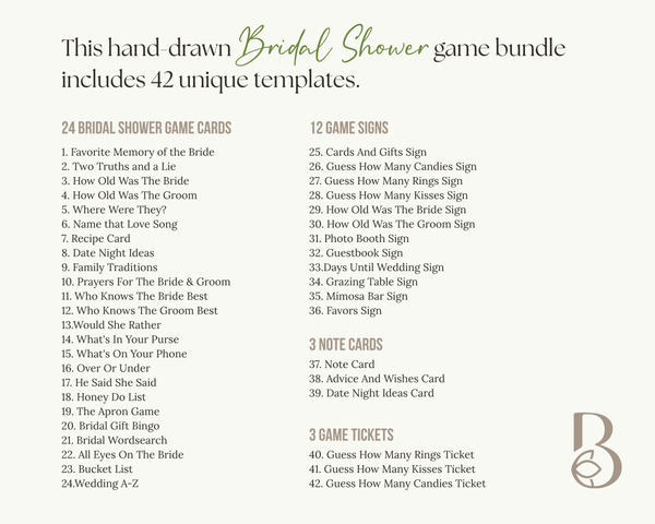BeyzaLab Greenery Bridal Shower Game Bundle