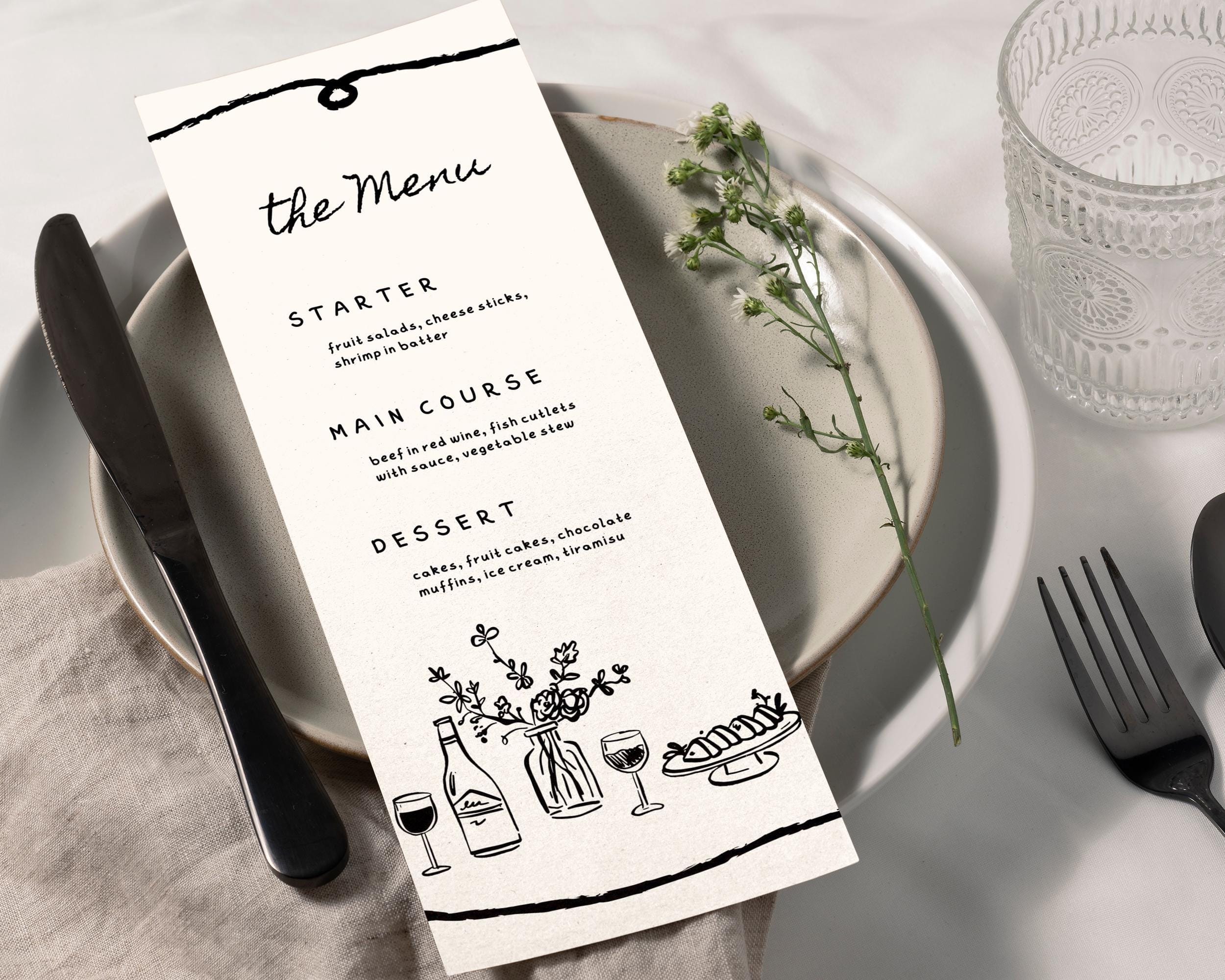BeyzaLab Hand Drawn Wedding Menu Cards