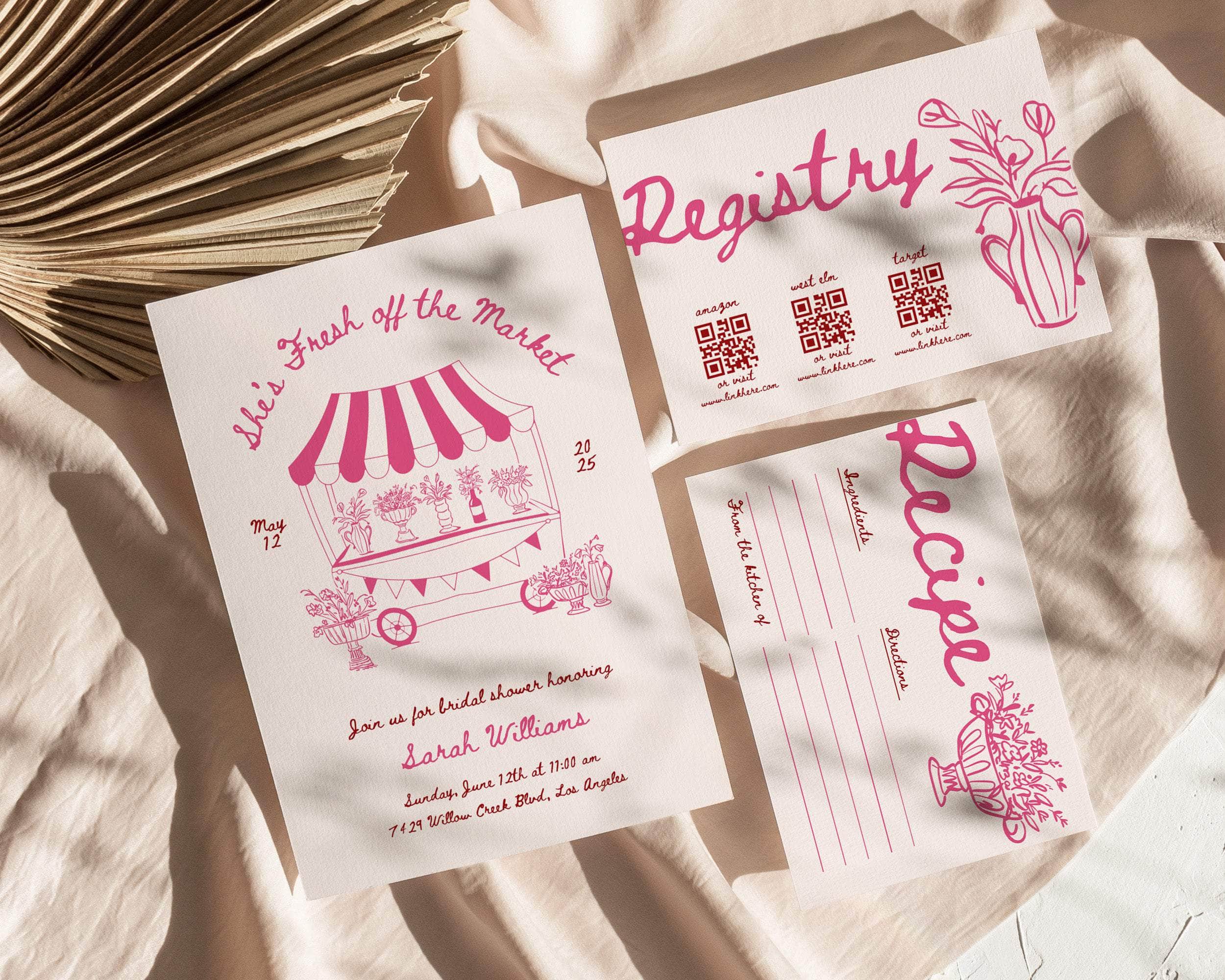 Instant Download - Canva Template Pink Floral Bridal Shower Invitation Suite