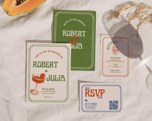 Instant Download - Canva Template Retro Wedding Invitation Suite Template