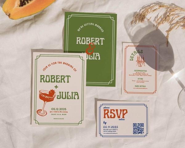 Instant Download - Canva Template Retro Wedding Invitation Suite Template
