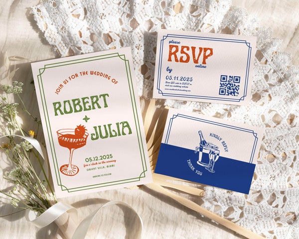 Instant Download - Canva Template Retro Wedding Invitation Suite Template