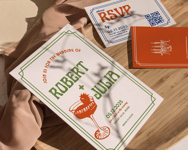 Instant Download - Canva Template Retro Wedding Invitation Suite Template