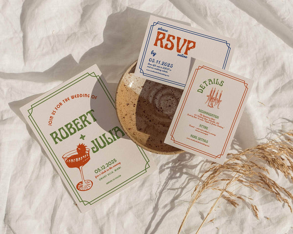 Instant Download - Canva Template Retro Wedding Invitation Suite Template