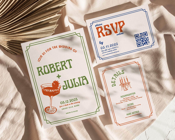 Instant Download - Canva Template Retro Wedding Invitation Suite Template