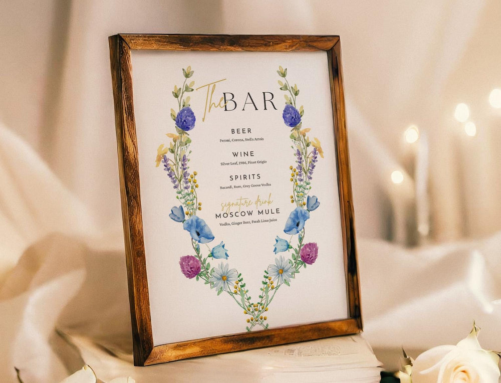BeyzaLab Wildflower Wedding Bar Menu Sign
